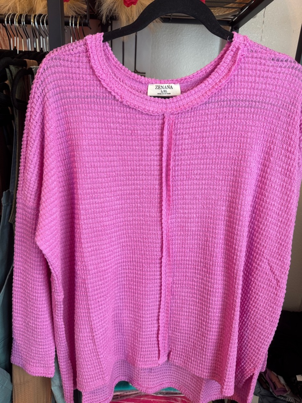 Zenana Outfitters Bright Pink Waffle-Knit Crew Sweater